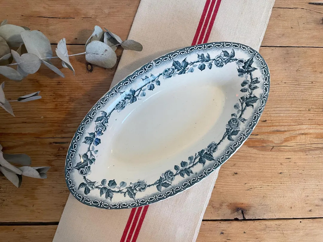 CHOISY LE ROI "paris" Blue Ironstone Dish With Rose Decoration and Rare Frieze, Perfect Condition... | Etsy (US)