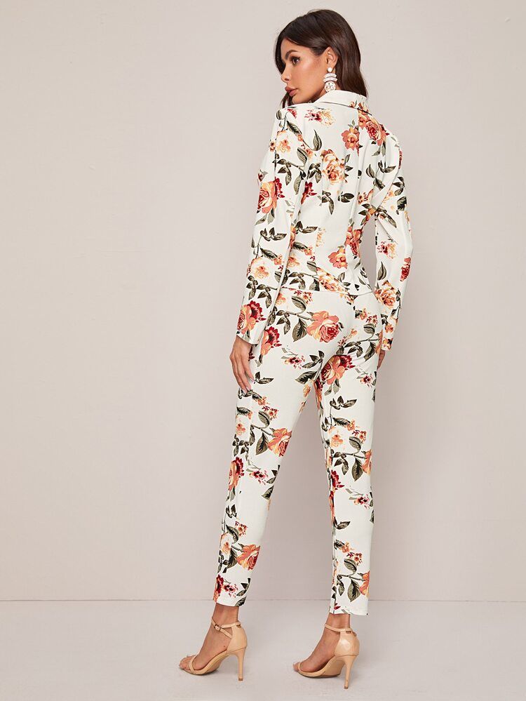 SHEIN Shawl Collar Floral Blazer and Pants Set | SHEIN