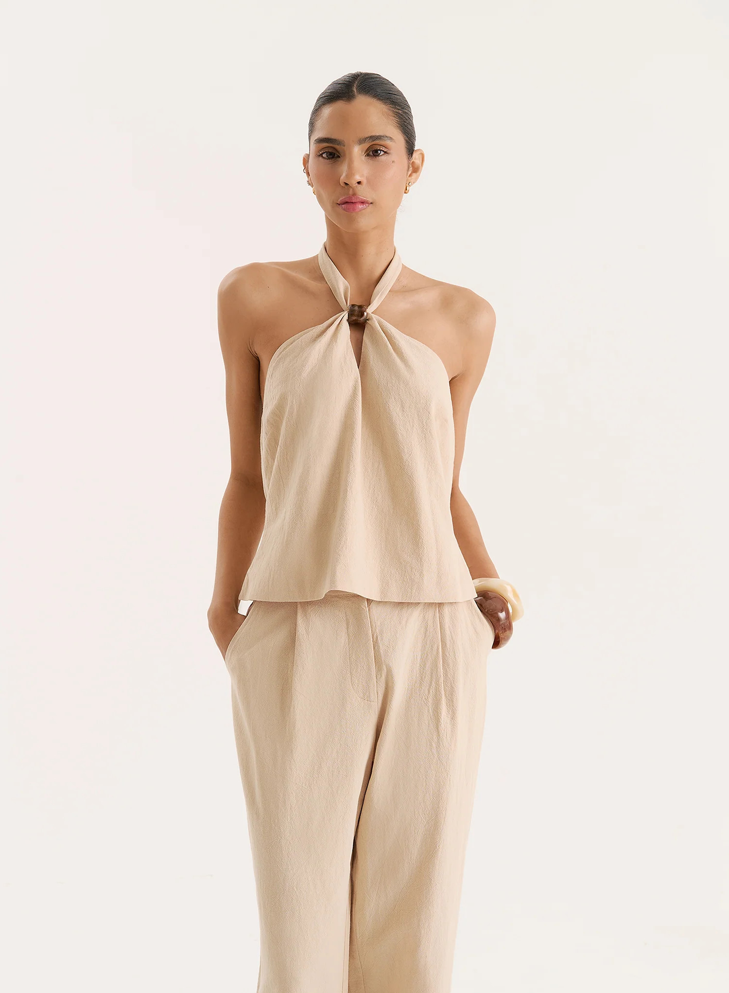 Beige Cotton Halterneck Bead Detail Top- Vivian | 4th & Reckless