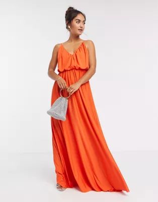 ASOS DESIGN cami plunge maxi dress with blouson top in orange | ASOS (Global)