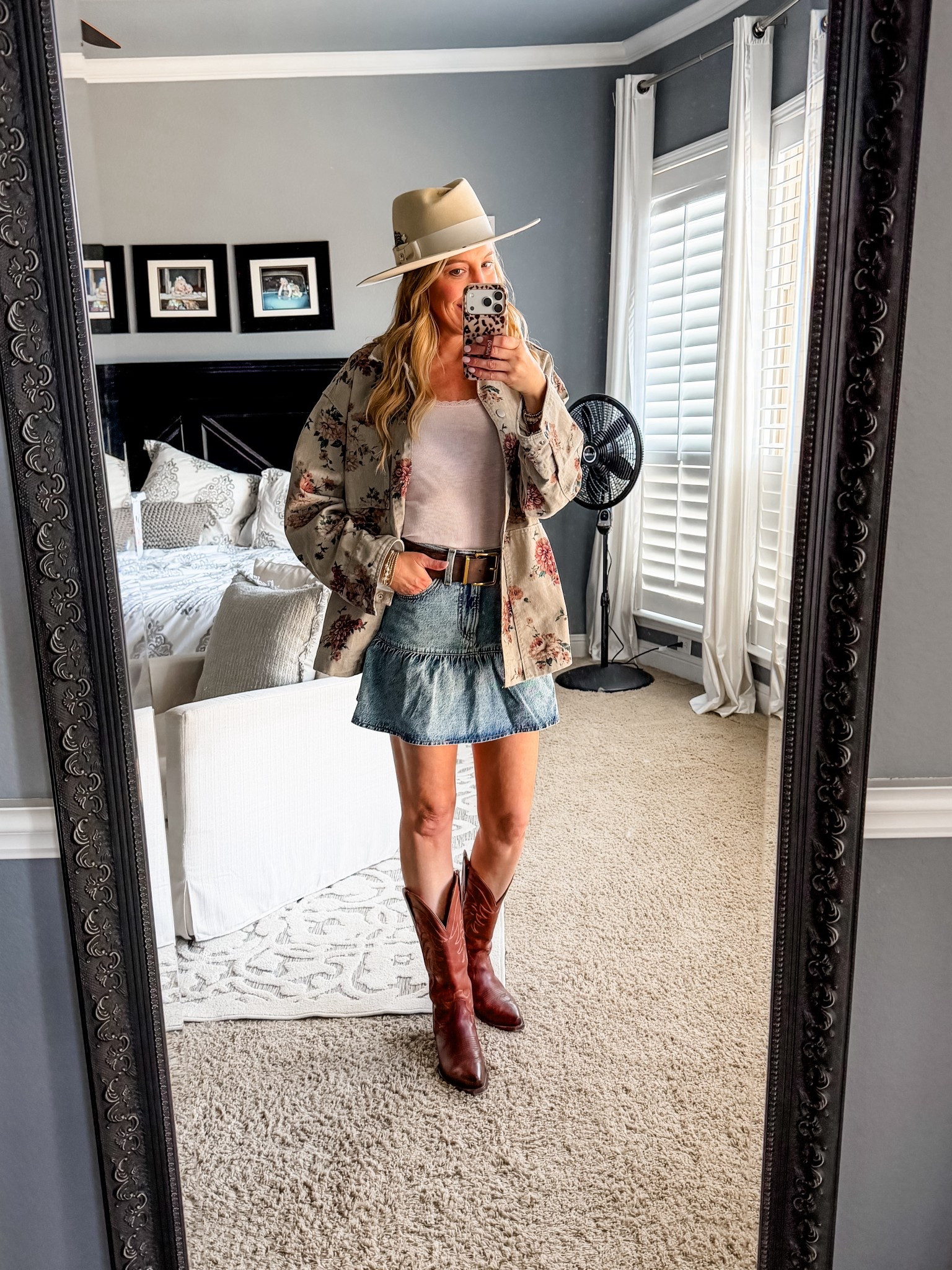 This outfit is so cute! Obsessed with this denim skirt  and floral jacket. Paired it either a basic tank that you will want in every color. Everything runs tts. I’m wearing a small in the jacket and tank top. Im wearing a size 24 in the skirt. 

Concert outfit | country concert outfit | rodeo outfit | western outfit | boots | cowboy boots | date night | Nashville outfit | travel | denim skirt | jean skirt| jacket | western belt | spring outfit | hat | cowboy hat | Target @Target | tank top | floral jacket | denim jacket 


#LTKootd #LTKmomlife #LTKFestival