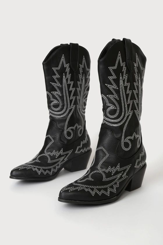 Utica Black and White Embroidered Pointed-Toe Mid-Calf Boots | Lulus (US)