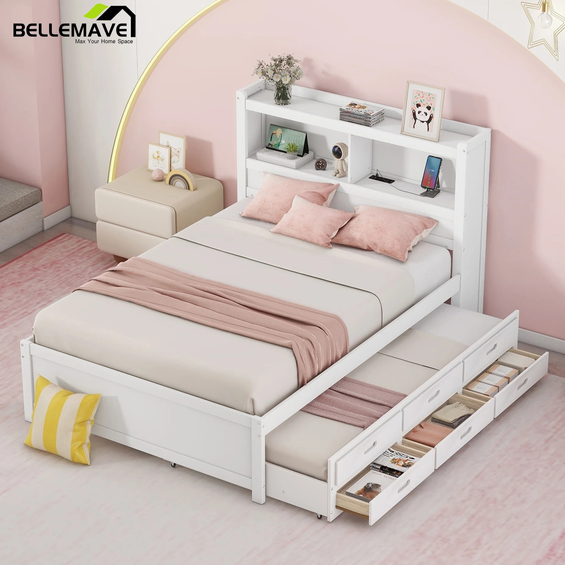 Bellemave Full Size Captain Bed with Storage Bookcase Headboard and USB Charging Ports Platform B... | Walmart (US)
