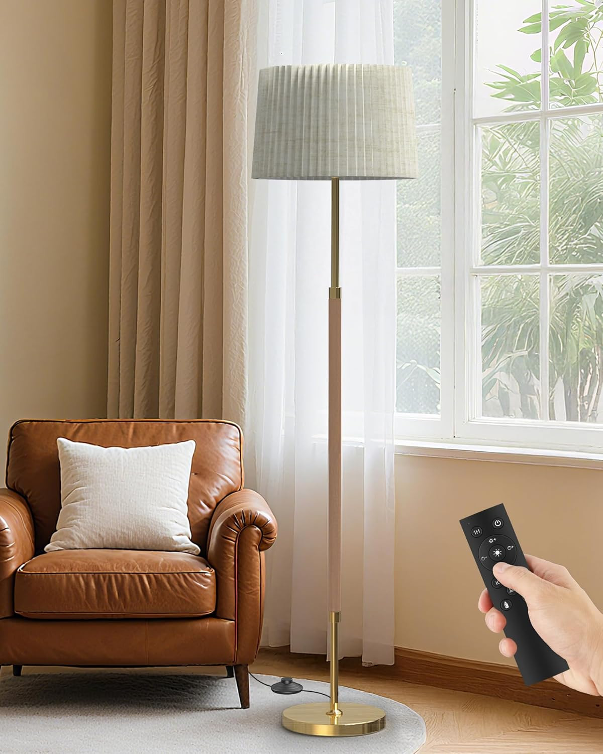 JOOFO Mid-Century Modern Wood Floor Lamp with Dual Fabric Shade, Remote Control, Dimmable & Adjus... | Amazon (US)