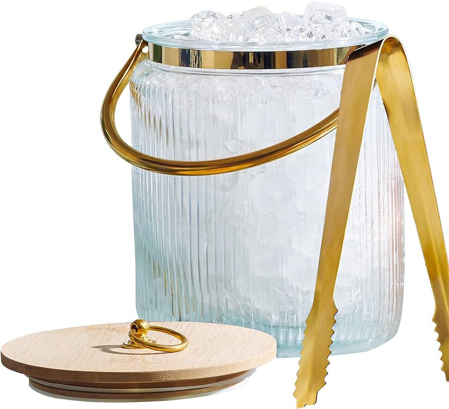 Glass Ice Bucket with Airtight Lid, Ice Tong Scooper and Handle - 3L Ribbed Beverage Tub Cocktail... | Amazon (US)
