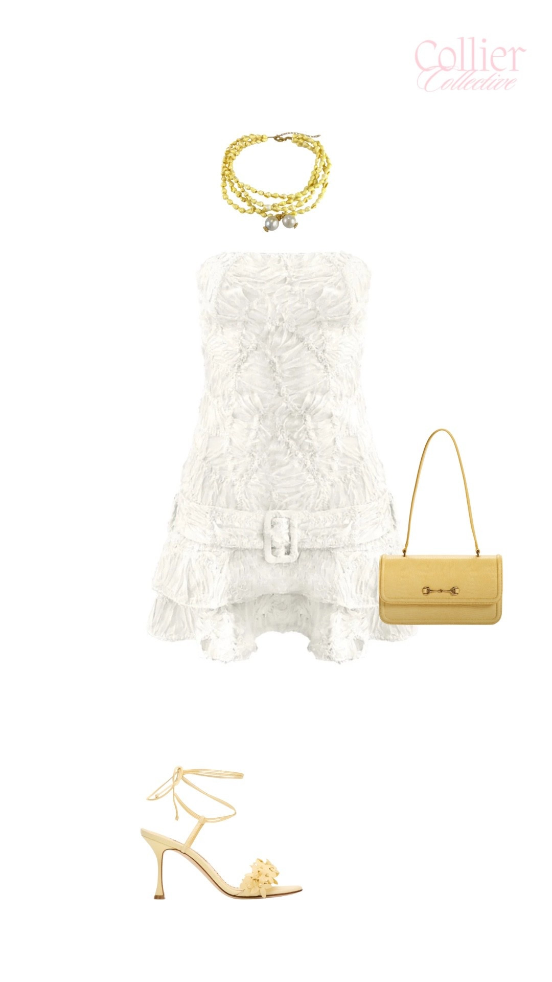 Golden hour glamour: textured white mini with a belted waist, paired with buttery yellow accents—strappy florals, vintage shoulder bag, and layered pearls for a soft-meets-sunshine moment. #CollierCollective #GoldenHourGlam #WhiteMiniEdit #SummerTextures #BeltedBeauty #PearlDetails #SoftLuxury #ModernVintageMix #SunlitStyle #ElevatedSummer

#LTKxVICI #LTKSeasonal #LTKU