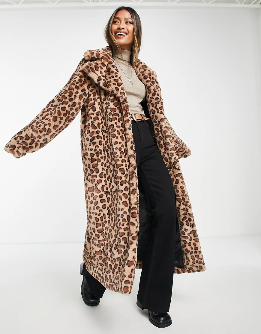 Violet Romance longline faux fur coat in leopard print-Multi | ASOS (Global)