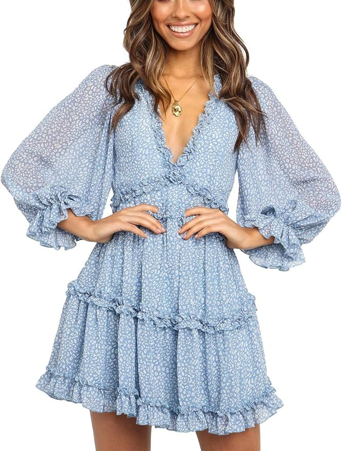 Ailunsnika Womens Summer V Neck Boho Floral Ruffles Casual Mini Dress Backless Swing Skater Dress... | Amazon (CA)