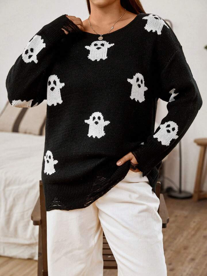 SHEIN EZwear Plus Ghost Pattern Drop Shoulder Ripped Hem Sweater | SHEIN USA | SHEIN
