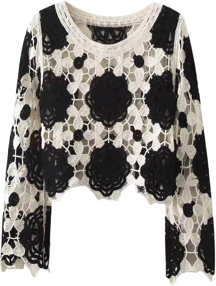 Women Y2k Crochet Floral Knit Pullover Long Sleeve V Neck Sweater Aesthetic Hollow Out Oversized ... | Amazon (US)