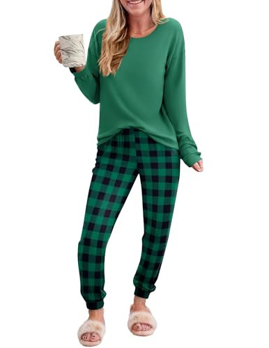 Ekouaer Pajama Sets for Women 2 Piece Plaid Pjs Long Sleeve Lounge Sets Comfy Gingham Nightwear with Pockets Green and Black Plaid XX-Large | Amazon (US)