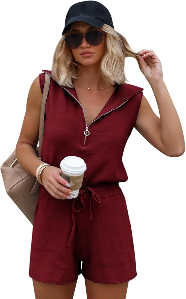Yousify Women's Casual Sleeveless Short Rompers Summer Half Zip Lapel Collar Drawstring Knit One ... | Amazon (US)