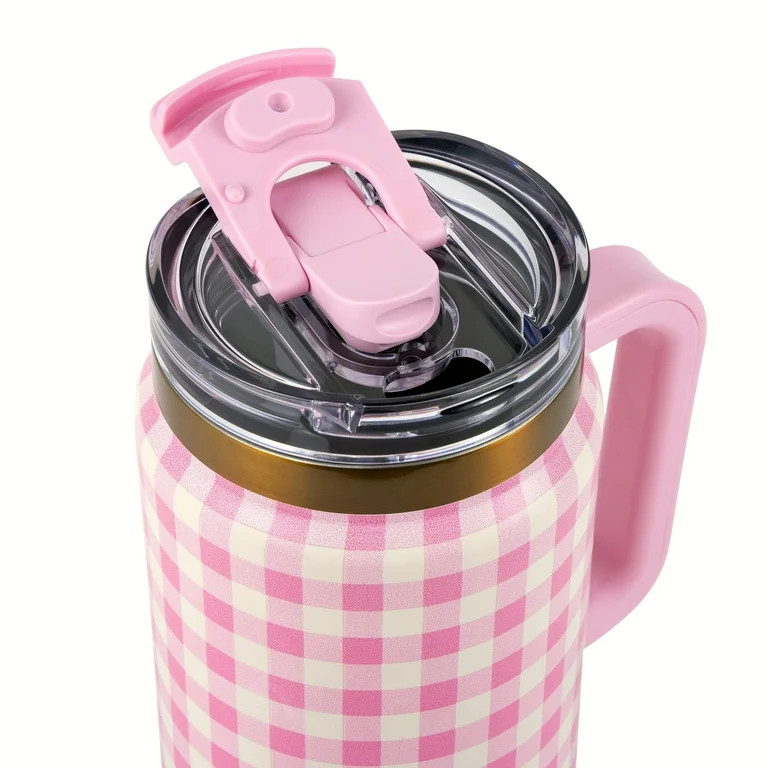 Thyme & Table 32 fl oz Stainless Steel Luna Tumbler with Handle and Dual Straw Lid, Pink Gingham | Walmart (US)