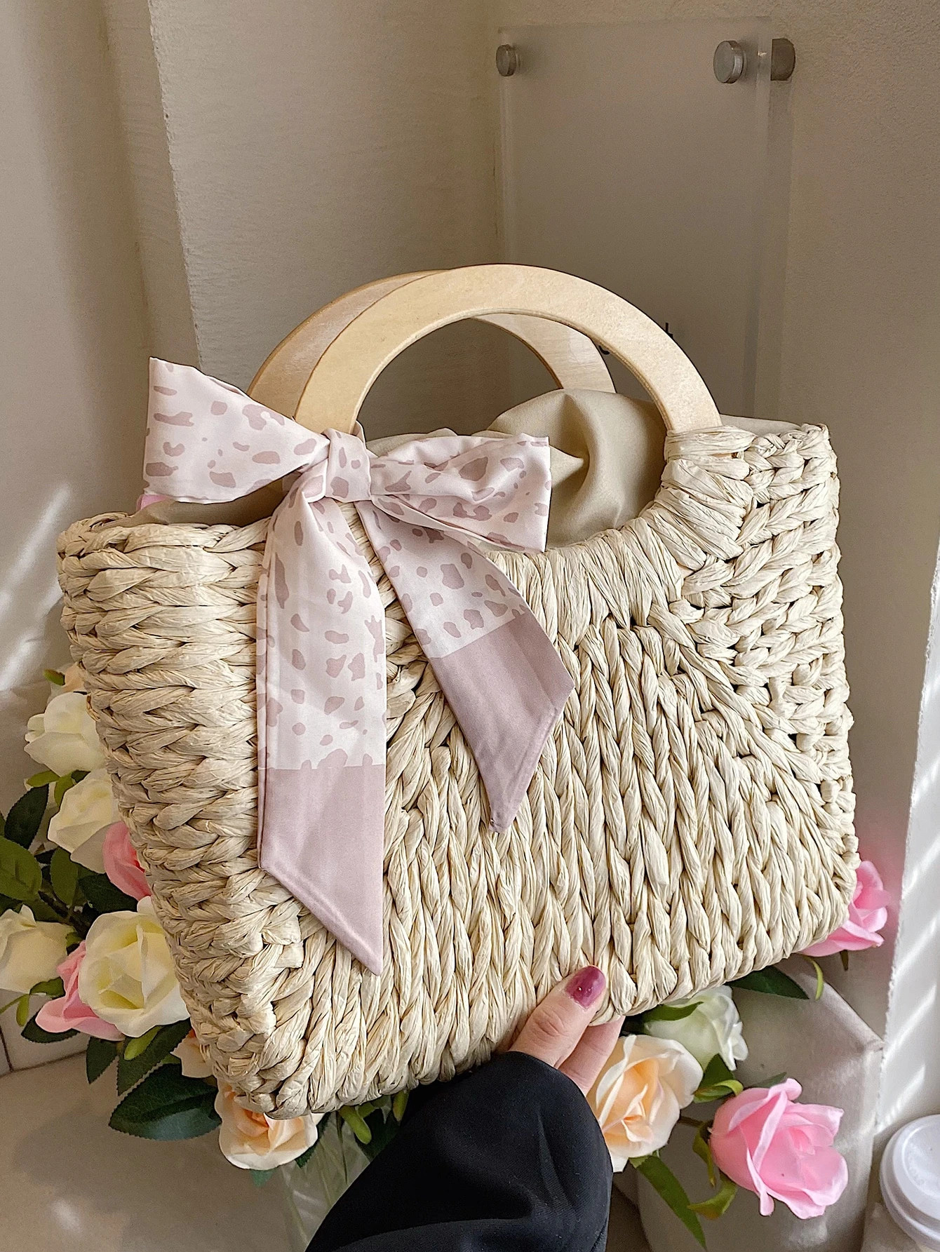 Twilly Scarf Decor Straw Bag | SHEIN