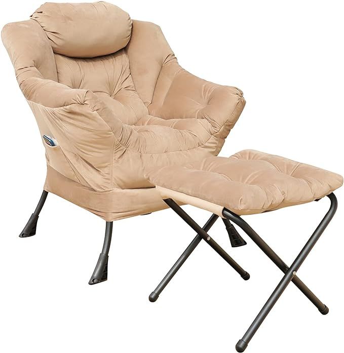 GOLDSUN Velvet Fabric Lazy Reclining Chair with Removable Metal Legs and A Side Pocket, Comfy Uph... | Amazon (US)