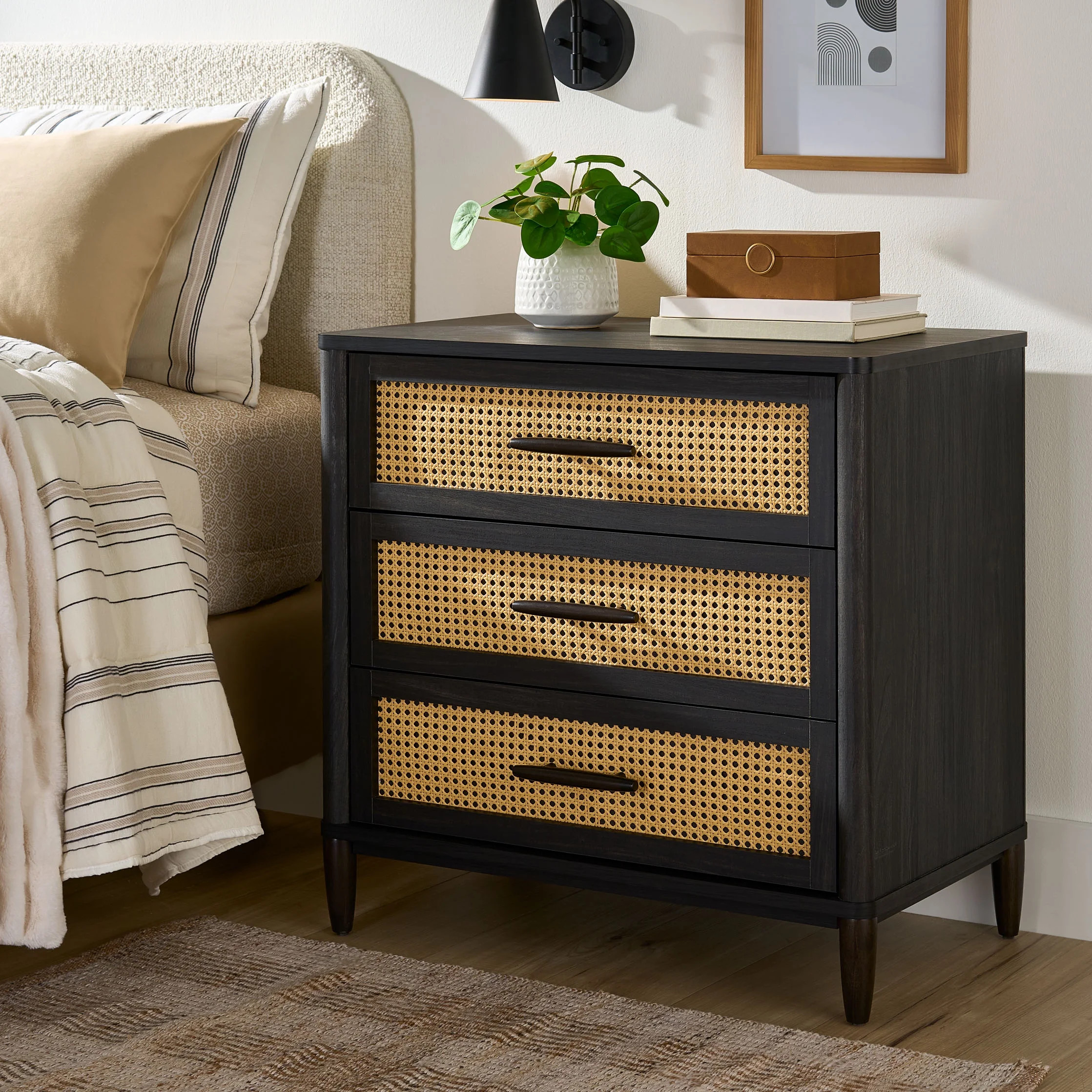 Better Homes & Gardens Springwood Caning 3-Drawer Nightstand with USB, Charcoal Finish | Walmart (US)