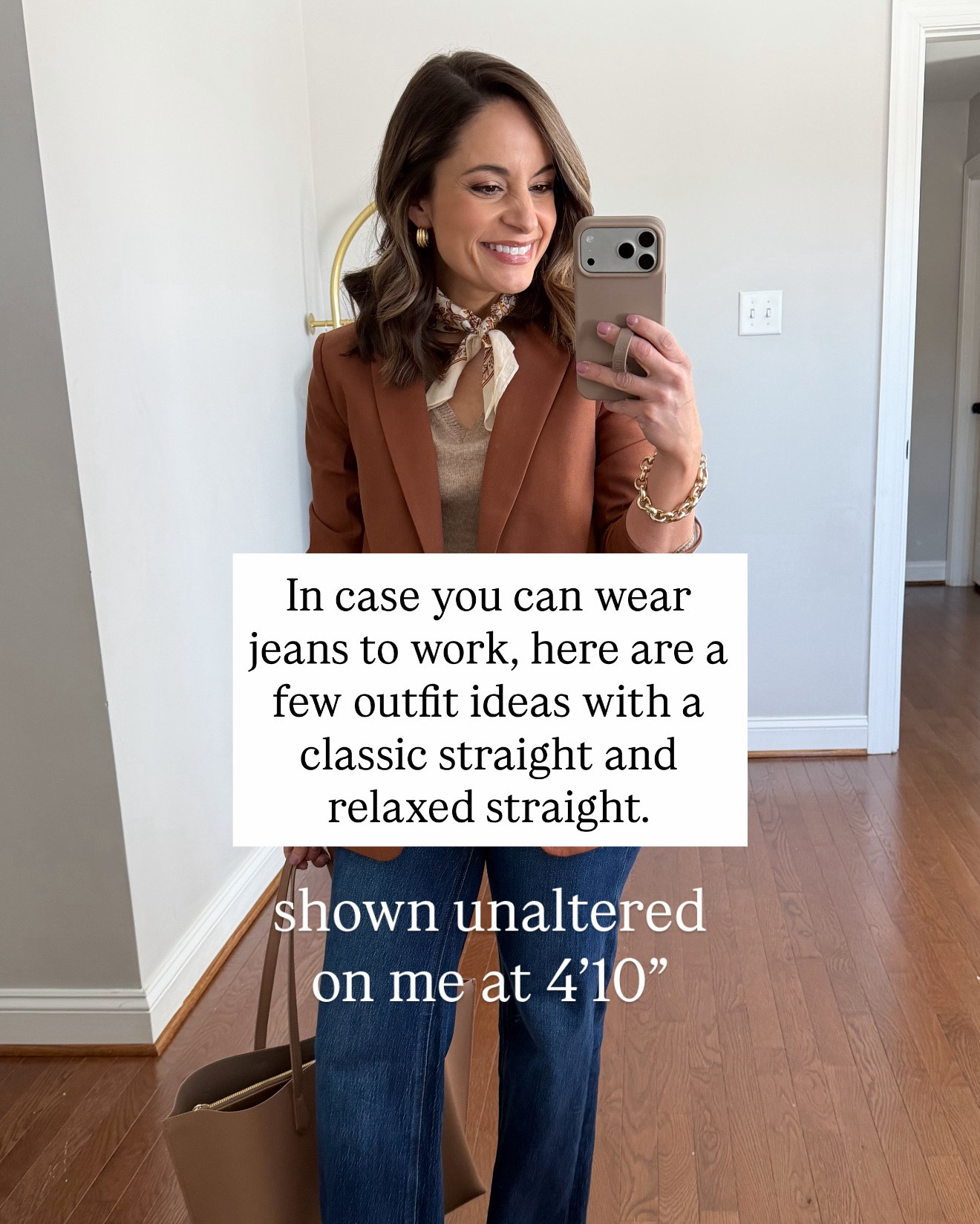 Petite-friendly outfits for work with jeans! 

Outfit 1
Jeans: 24 x 28” in stormy blue 
Sweater: xs in oatmeal 
Blazer: petite 00 
Loafers: tts French sand 

Outfit 2 
Jeans: 24 x 28” in stormy blue 
Button down: petite xxs 
Cardigan: petite xxs 
Shoes: tts 

Outfit 3
Jeans: petite 24 - 10” rise, 26” inseam 
Sweater: xxs 
Blazer: petite 00 
Loafers: tts French sand 

Outfit 4
Jeans: petite 24 - 10” rise, 26” inseam slim straight or Quince 24 x 28” 
Top: petite xxs

Tote: quince 

#LTKPetite #LTKWorkwear