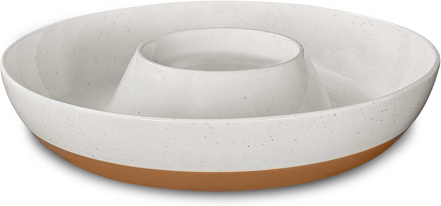 Mora Ceramic Chips and Dip Serving Tray: Large Divided Party Bowl Set for Chips & Salsa, Veggies & Dip, Fruit, Snacks, Entertaining, Hosting, etc. Minimalist Design for the Modern Hostess - White | Amazon (US)