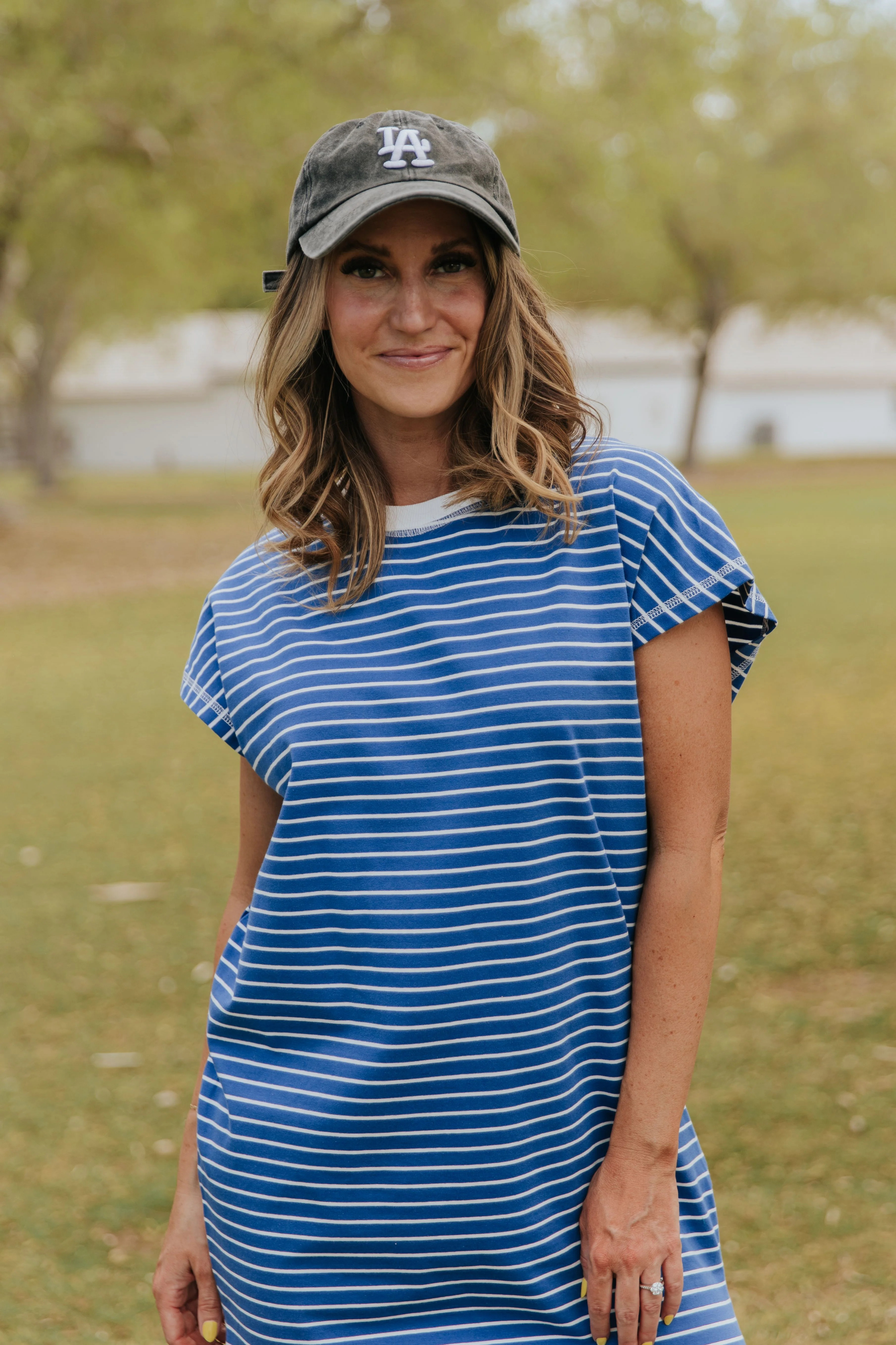 THE HADLEY STRIPED T-SHIRT DRESS IN ROYAL BLUE | Pink Desert