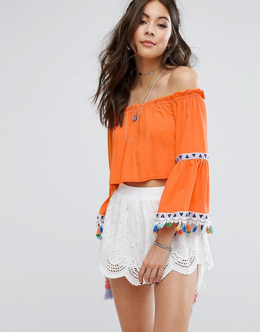 Kiss The Sky Off Shoulder Top With Festival Tassel Trim - Orange | ASOS US