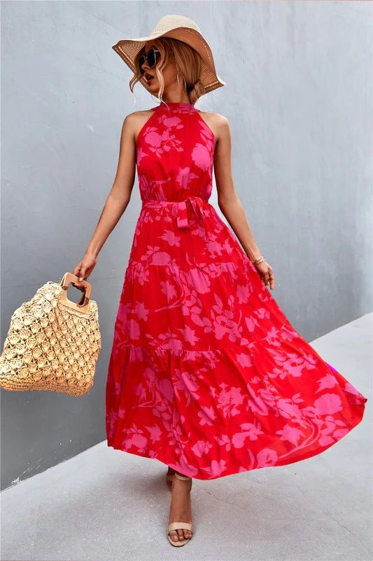 Red Halter Maxi Dress | Peppered with leopard