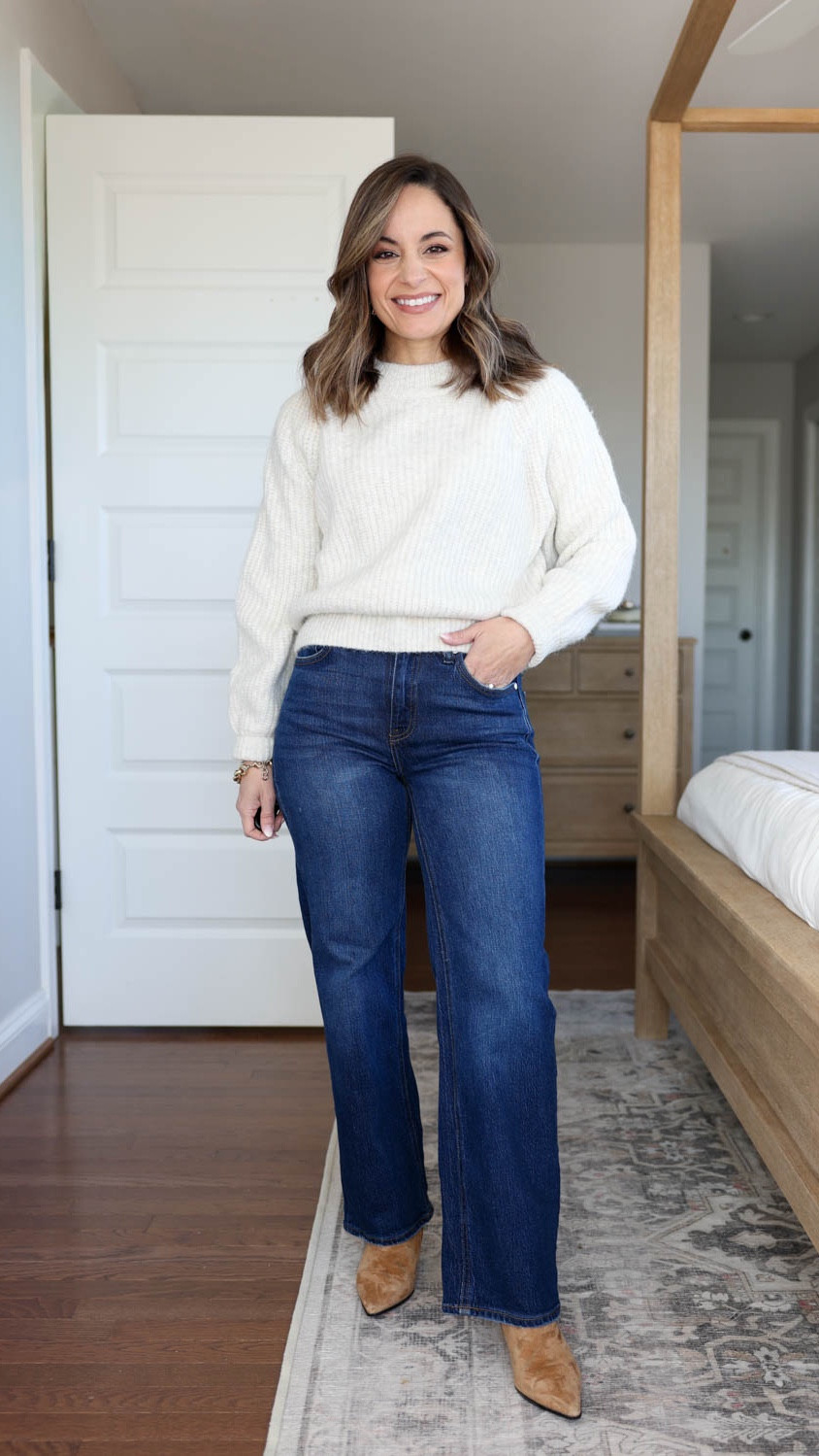 $50 and under petite jeans! 

Quince Bella Relaxed Straight 
24x 28” (inseam options start at 26”)
Length shrinks in the wash over time
10” rise / 28” inseam (washed 27”)/ 7.5” leg opening  
White sweater (Kohl’s): petite xs 
White top (Quince): xs 
Boots (J.Crew): tts 

My measurements for reference: I’m 4’10” and 105lbs. My bust, waist, and hip measurement is 32”, 24”, and 36”.


#LTKPetite