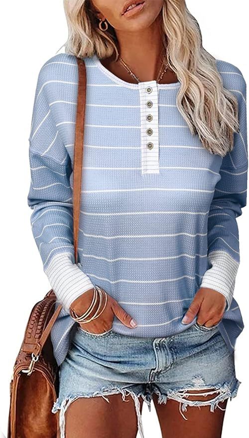 EVALESS Womens Long Sleeve Tops Cute Waffle Knit Striped Casual Button Up Tunic Shirts | Amazon (US)