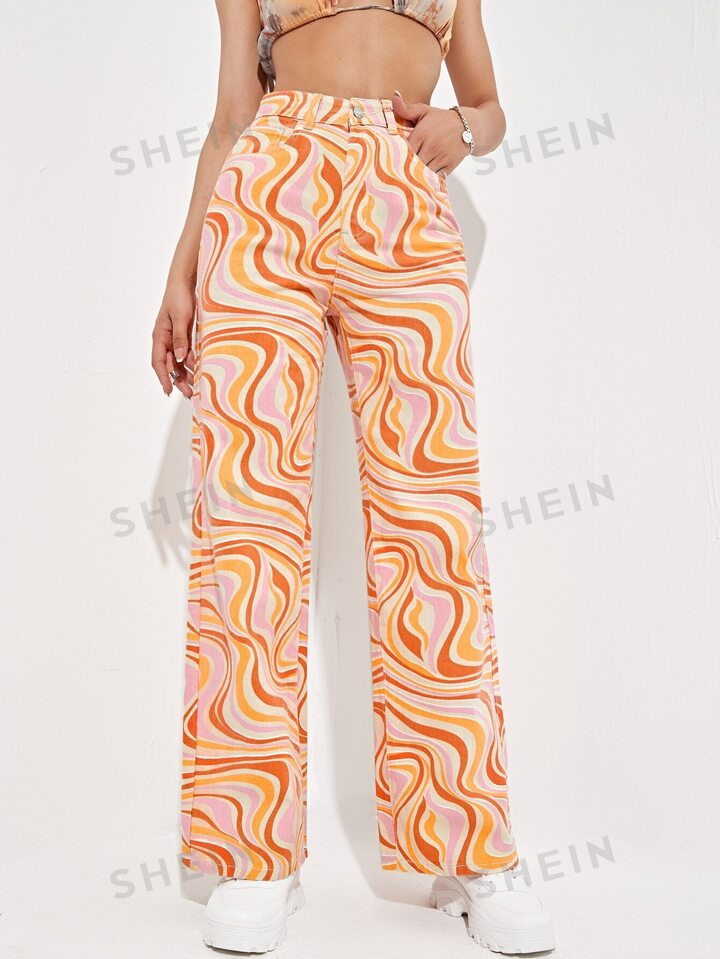 SHEIN ICON Allover Print Slant Pockets High Waist Wide Leg Jeans | SHEIN
