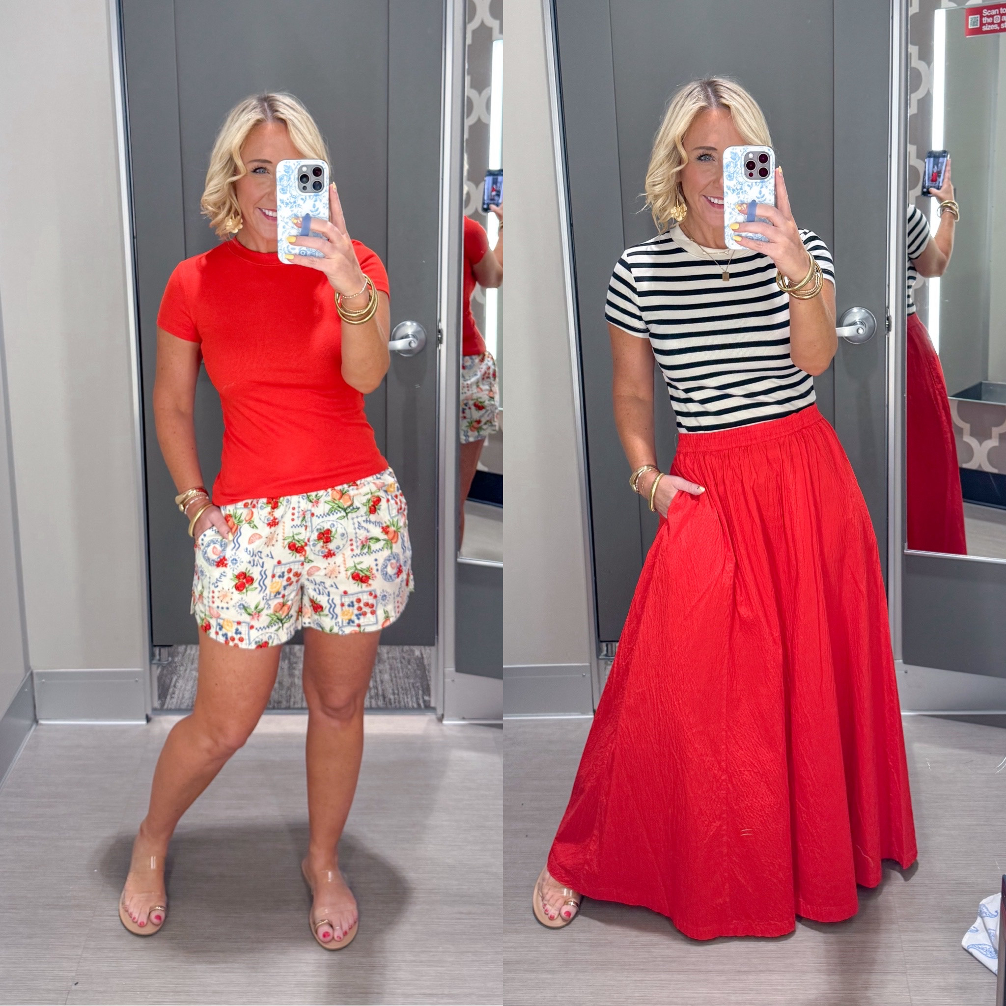 • Red t-shirt - size small. 
• Printed shorts - size medium. 
• Striped t-shirt - size small. 
• Red maxi skirt - size small  

#LTKSaleAlert #LTKSeasonal #LTKFindsUnder50
