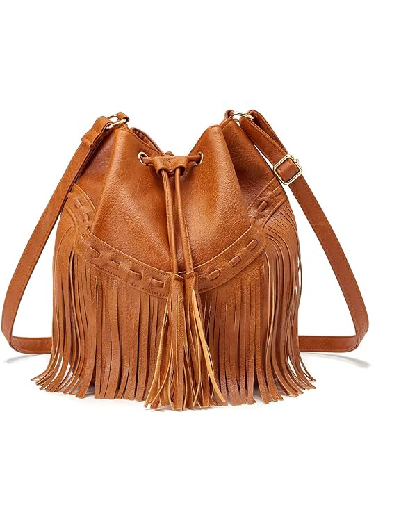 Leather Bucket Bags for Women Crossbody Fringe Purses with Drawstring Ladies Tassel Hobo and Shou... | Amazon (US)