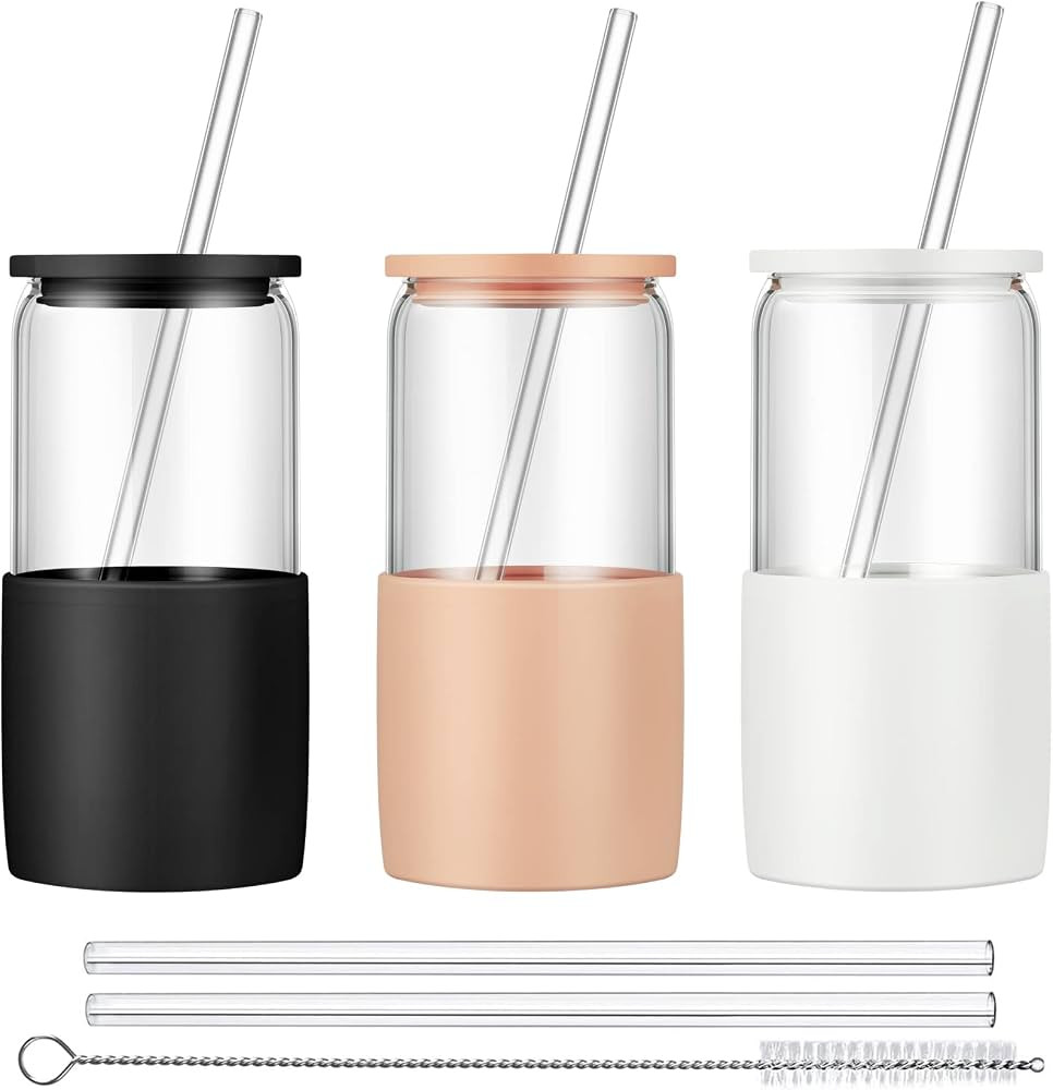Sunseeke Glass Tumbler with Straw and Lid, 16oz Ice Coffee Cup, Silicone Sleeve Cleaning Brushes,... | Amazon (US)