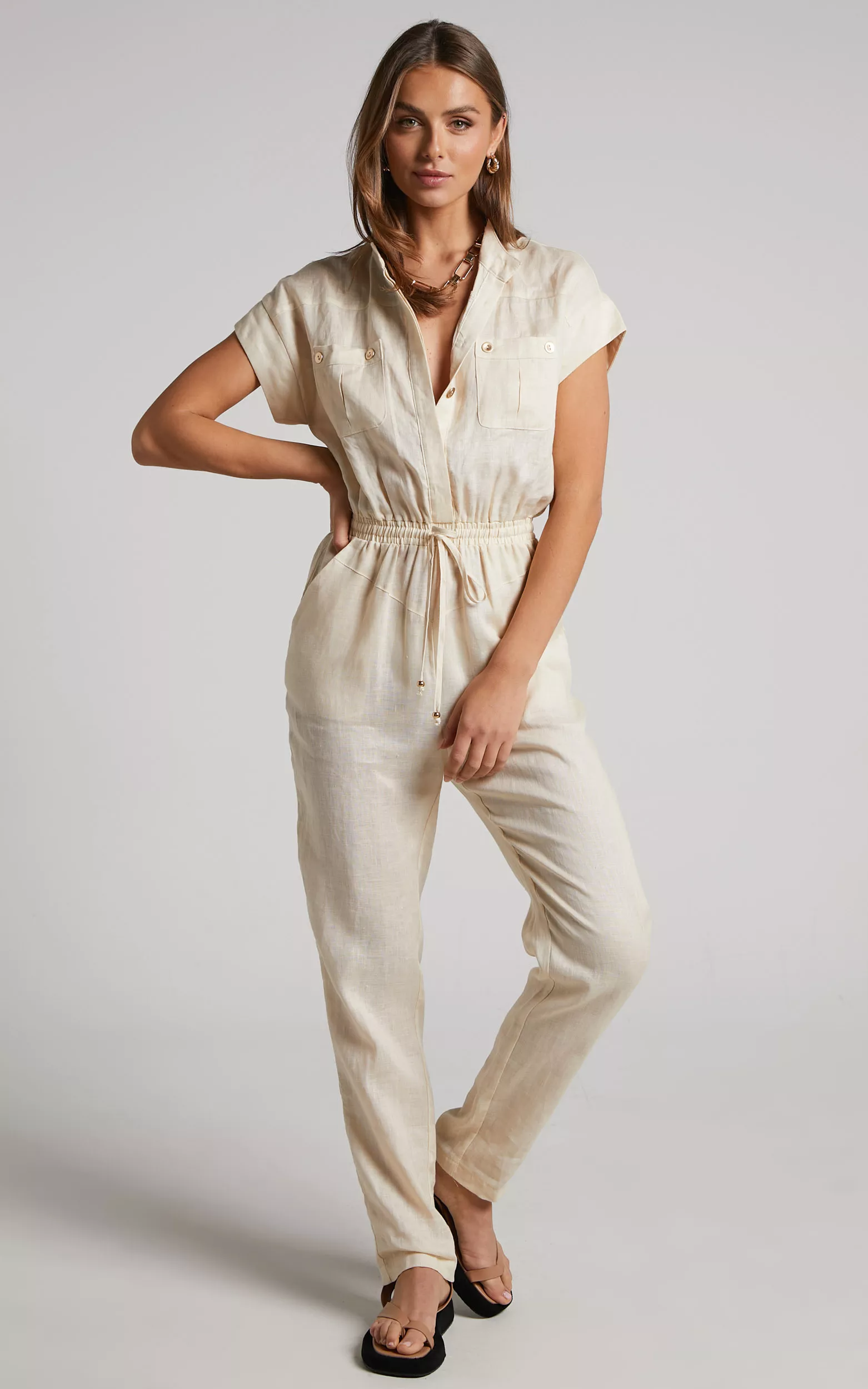 Ayelin Jumpsuit - Linen Look Relaxed 3/4 Sleeve Jumpsuit in Cream