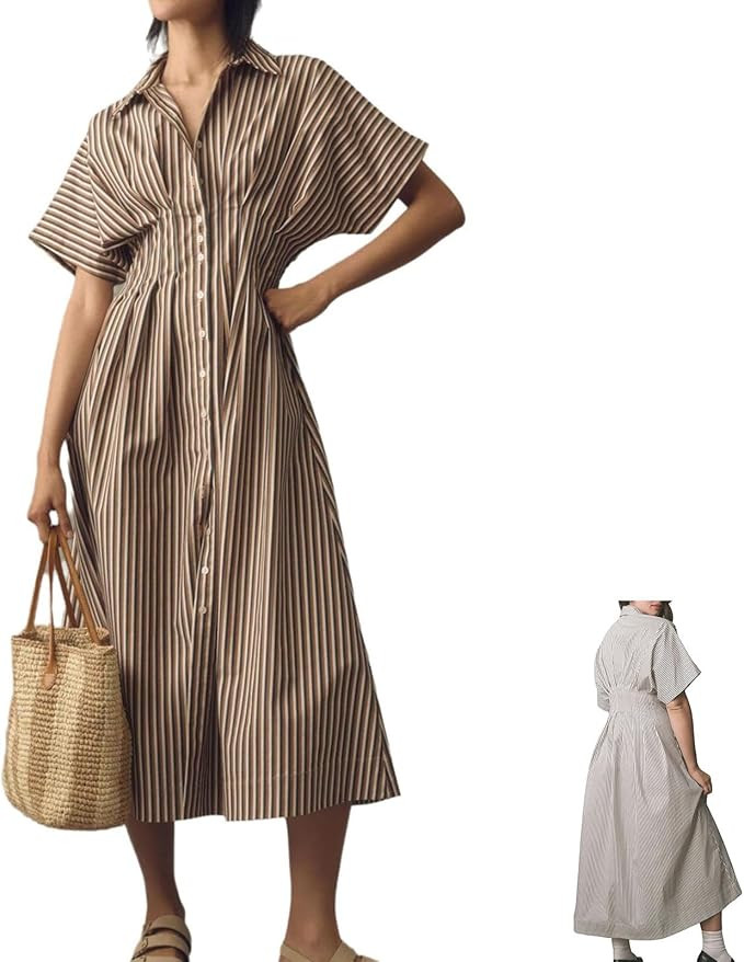 Striped Button Pleated Shirt Maxi Dress for Women, Summer Short Sleeve Collar V Neck Corset Long ... | Amazon (CA)