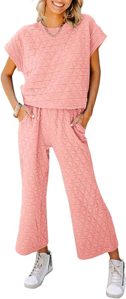 Fazortev Women's 2 Piece Outfits Quilted Lightweight Short Sleeve Tops and Cropped Pants Lounge S... | Amazon (US)