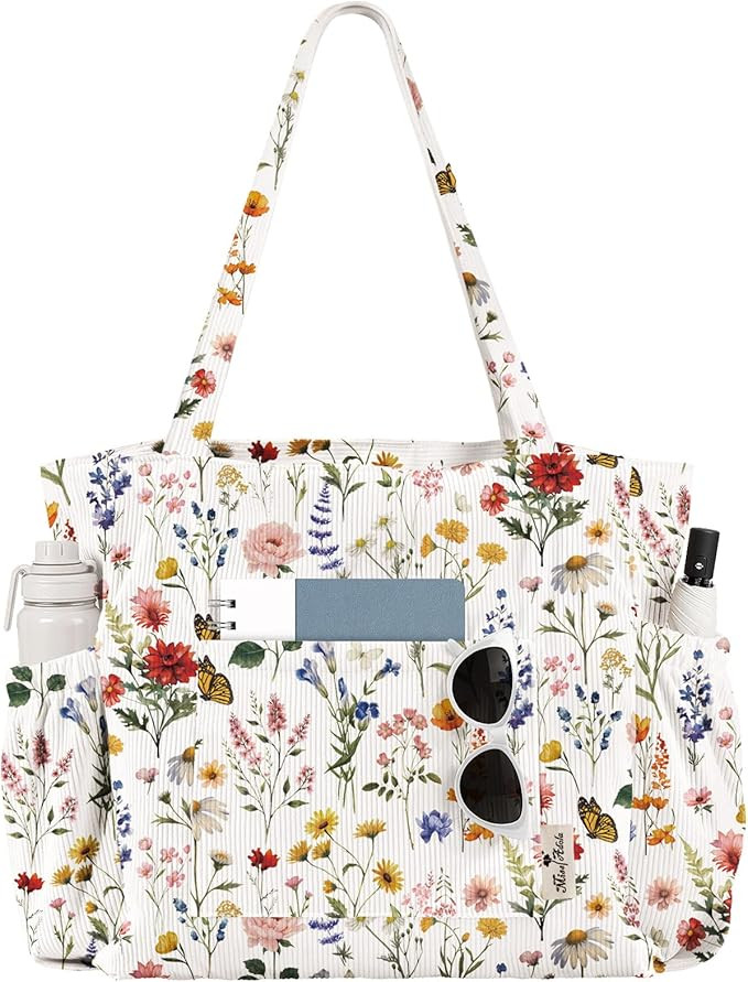 Large Corduroy Tote Bag for Women - Cute Shoulder Reusable Canvas Bags with Zipper Multi-Pocket f... | Amazon (US)