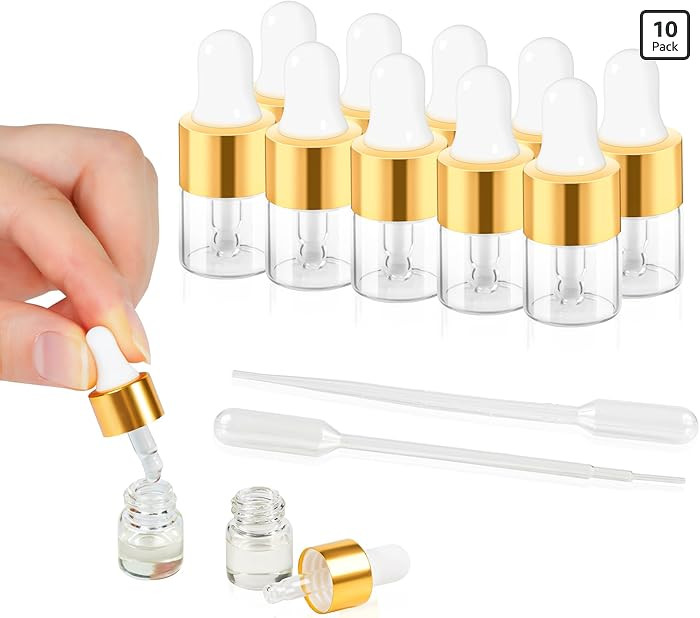 10pcs Mini Glass Dropper Bottle for Essential Oil,1ml Small Clear Sample Dropper Vails with Gold ... | Amazon (US)