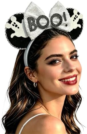 Boo! Mouse Ears Headband for Women Sequin White Bows | Halloween Costume for Women | Amazon (US)
