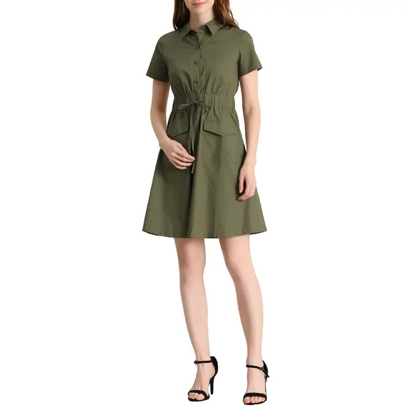 INSPIRE CHIC Women's Fit and Flare Collar Pocket Elastic Waist Mini Dress XS Gray Green | Walmart (US)