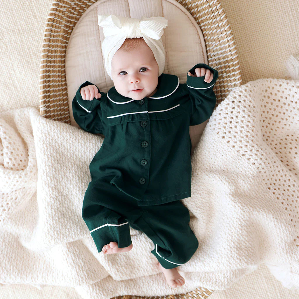 Solid Green Ruffled Flannelette Pajamas | Forrest Green | Posh Peanut