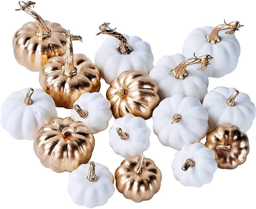 Artmag 16 Pcs Assorted Fall Artificial Pumpkins Harvest White Faux Pumpkins and Gold Plating Pump... | Amazon (US)