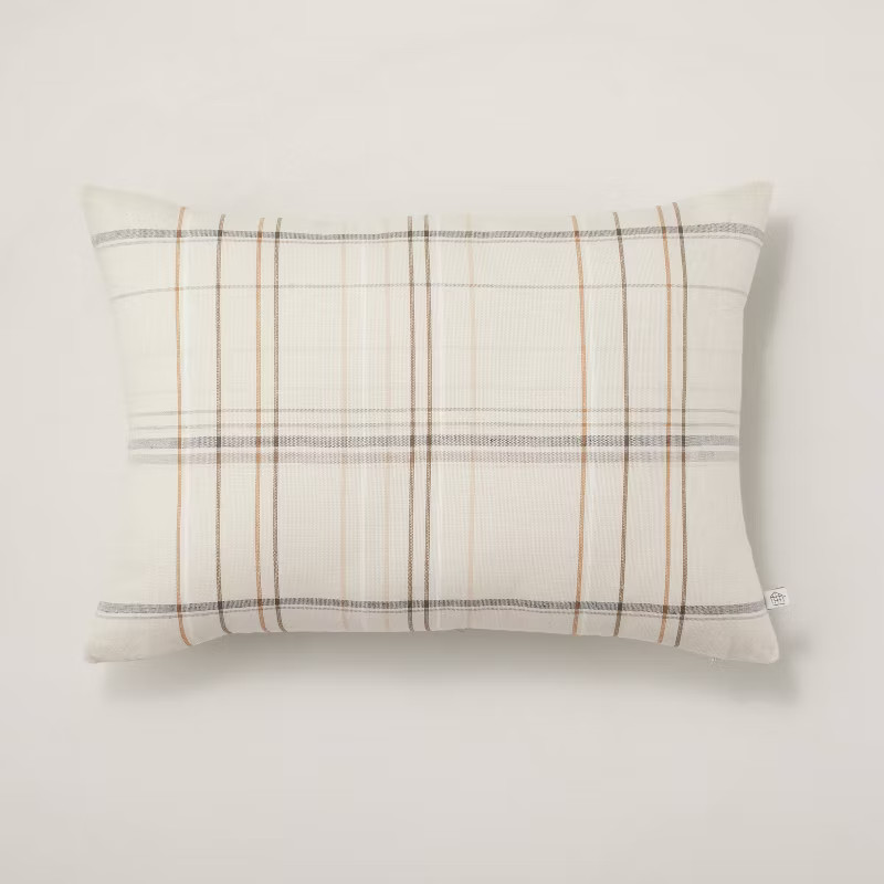 14" x 20" Thin Stripe Plaid Lumbar Throw Pillow Beige/Navy/Brown - Hearth & Hand͐... | Target