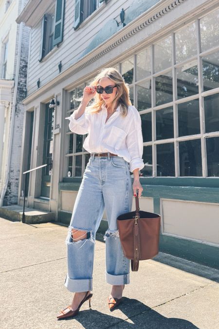 White linen shirt, Citizens of Humanity Ayla baggy jeans, cuffed denim, slingback pumps, summer outfit

#LTKOver40 #LTKShoeCrush #LTKSeasonal