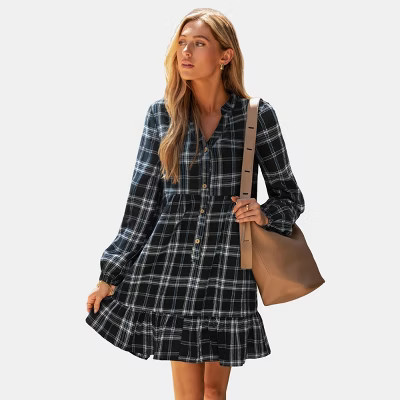 Cupshe Women's Elegant Plaid Tiered Shirt Mini Dress-S-Black | Target