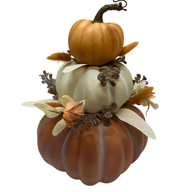 Pumpkin Stack Tabletop Decoration, Orange and Cream, 14", Fall by Way To Celebrate - Walmart.com | Walmart (US)