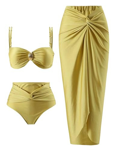 YUNIDMEIM 3 Piece Swimsuits for Women Retro Bikini Set Beach Wrap Skirt High Waisted Bikini Sets for Women Tummy Control, Medium, Gingeryellow | Amazon (US)