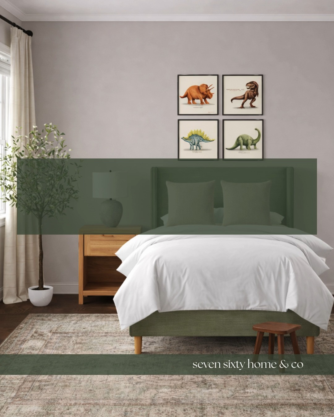 Designing a dinosaur room doesn’t have to mean bright colors and cartoon prints.

This space leans traditional with a green upholstered bed, neutral bedding, framed dinosaur art, and natural wood accents for a layered, collected feel that can grow with him.

A full room design sourced entirely from Wayfair. One cart. One checkout. 

 #LTKHome #LTKKids