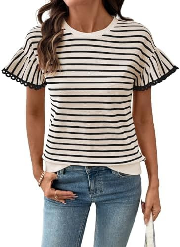 SHEWIN Women Summer Loose Fit Tops Trendy Rib Knit Stripe Shirt Business Dressy Casual 2026 | Amazon (US)