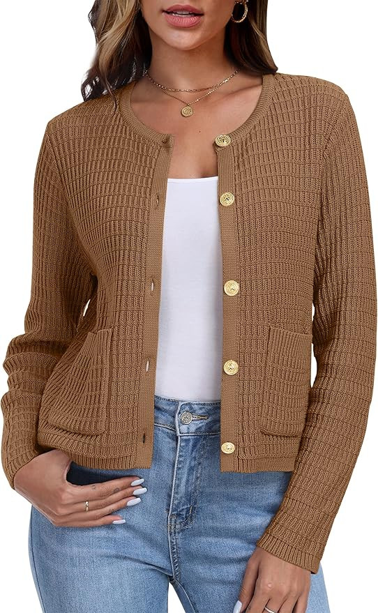 ANRABESS Women Cardigan Sweater Dressy Casual Classic Long Sleeve Crew Neck Button Down Tweed Kni... | Amazon (US)