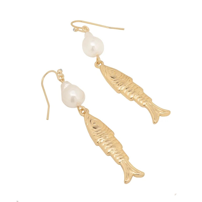 Time and Tru Women's Gold Tone Fish and Pearl Drop Earrings, Fashion Jewelry | Walmart (US)