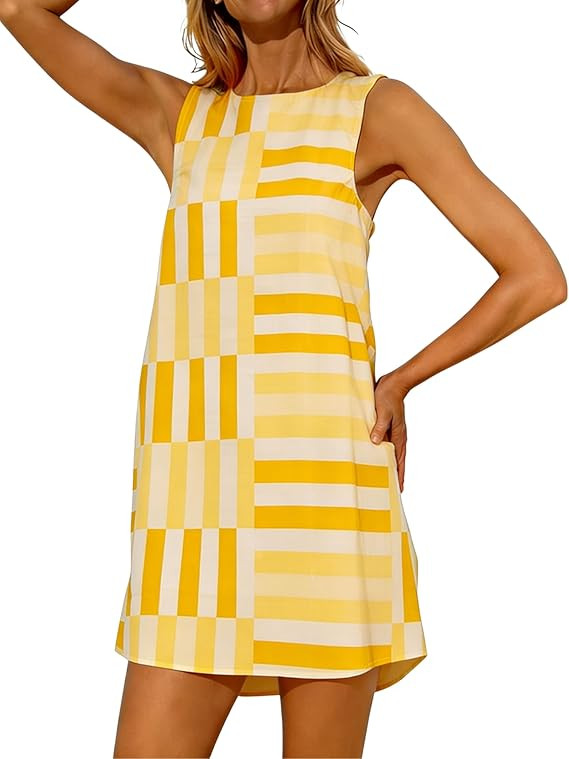 Freyhem Womens Summer Boho A-Line Mini Dress Casual Color Block Sundress Sleeveless Beach Vacatio... | Amazon (US)